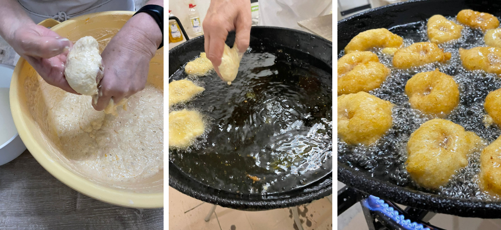 pas à pas de l'élaboration des beignets de potiron, une recette familiale à base de potiron grillé de Peris.